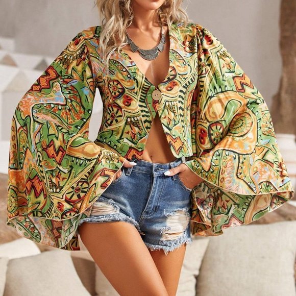 MODA ME COUTURE Tops - Boho Print Flounce Sleeve Blouse